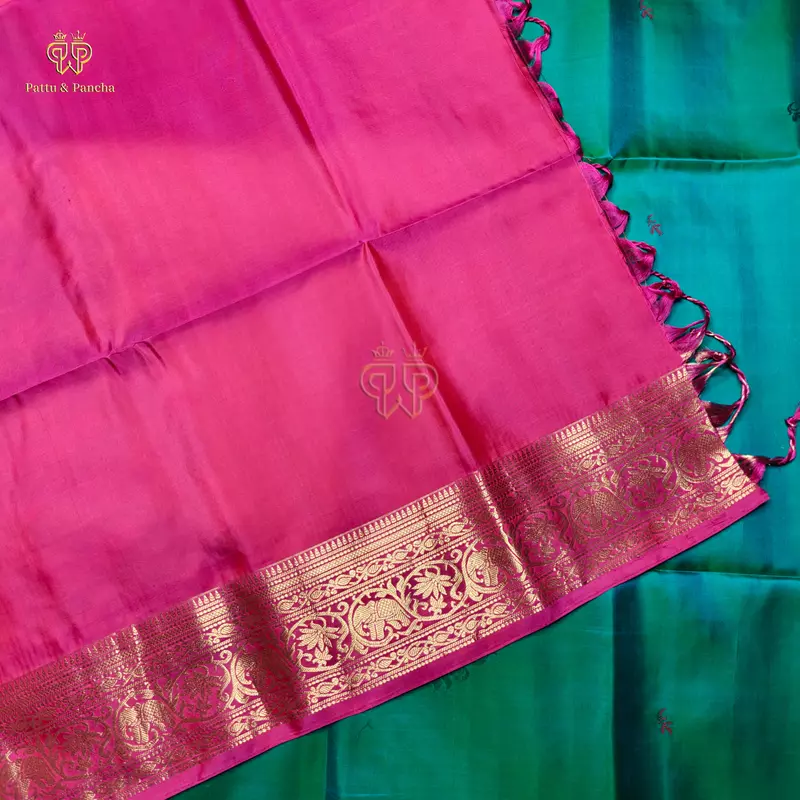 Pure Soft Silk Saree in Blue-Green Dual Shade with Magenta Elephant Border and Antique Gold Zari