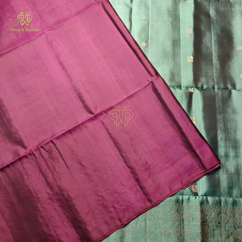 Pure Soft Silk Saree Teal Green with Gold Zari Motifs Border and Purple Piping