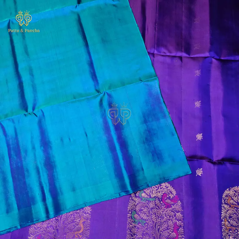 Pure Soft Silk Saree Royal Violet with Peacock Blue and Kalpavriksha Zari Border