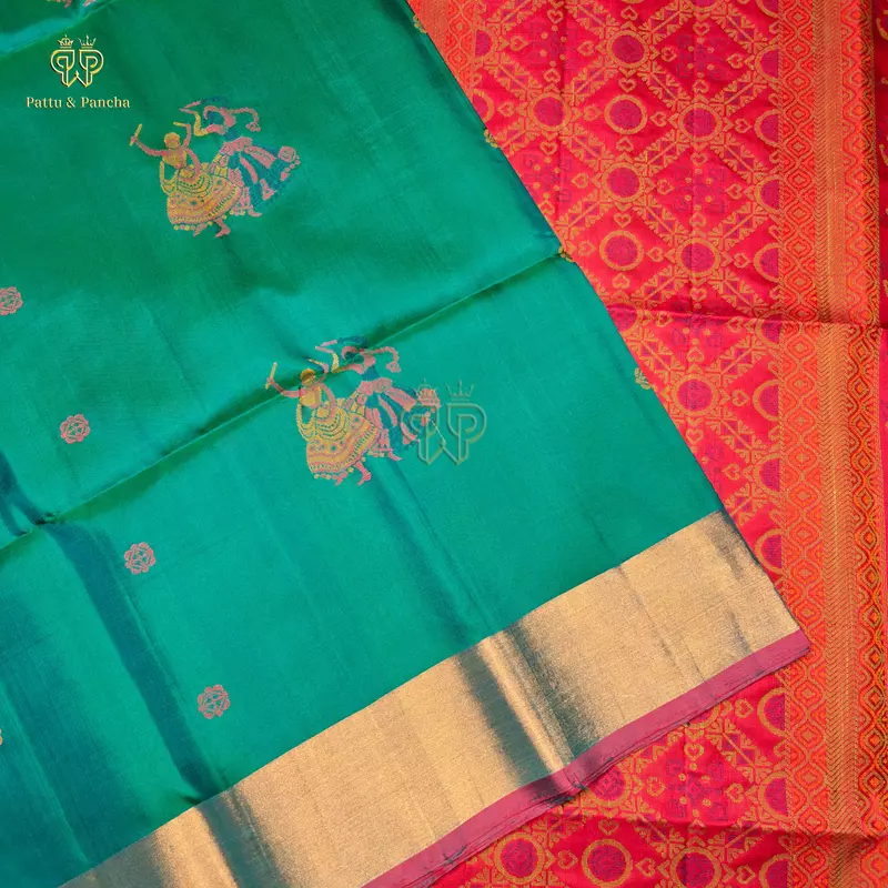 Pure Soft Silk Blue Dual Shade Saree with Gold Gatti Zari Border and Silk Thread Rani Pink Pallu