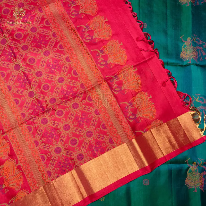 Pure Soft Silk Blue Dual Shade Saree with Gold Gatti Zari Border and Silk Thread Rani Pink Pallu