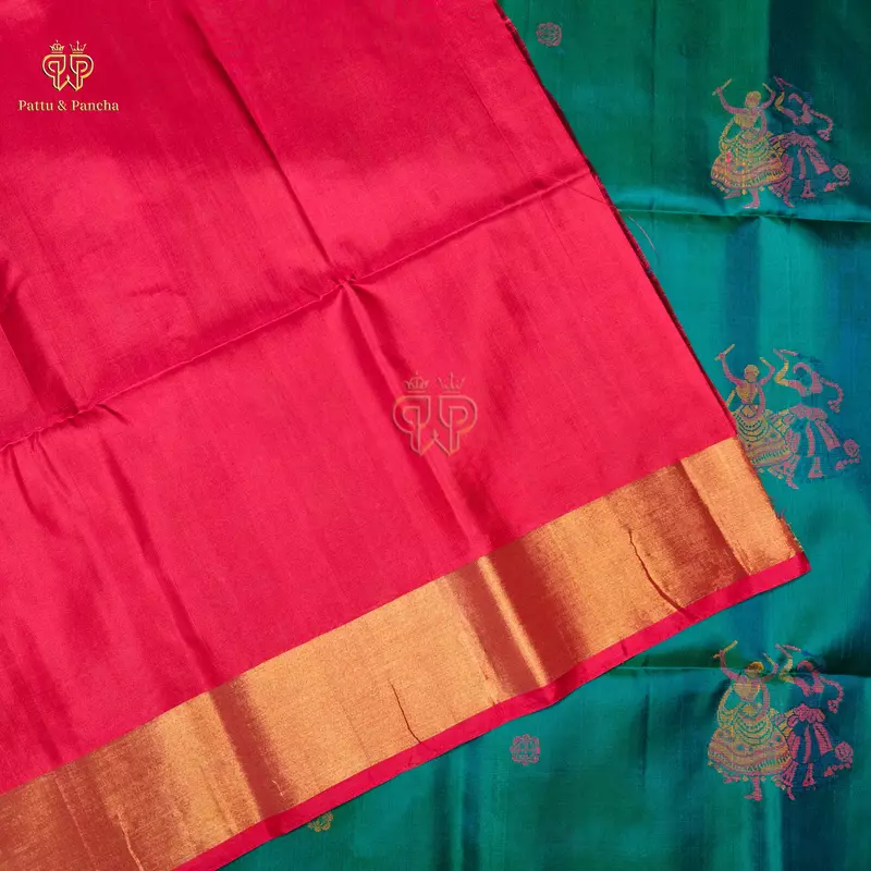 Pure Soft Silk Blue Dual Shade Saree with Gold Gatti Zari Border and Silk Thread Rani Pink Pallu