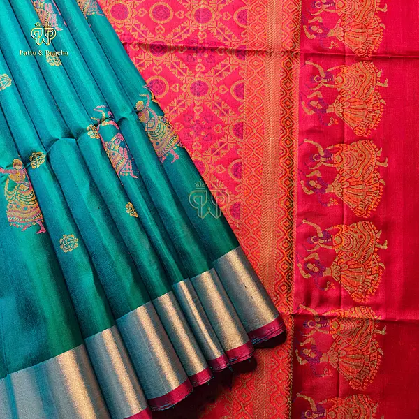 Pure Soft Silk Blue Dual Shade Saree with Gold Gatti Zari Border and Silk Thread Rani Pink Pallu