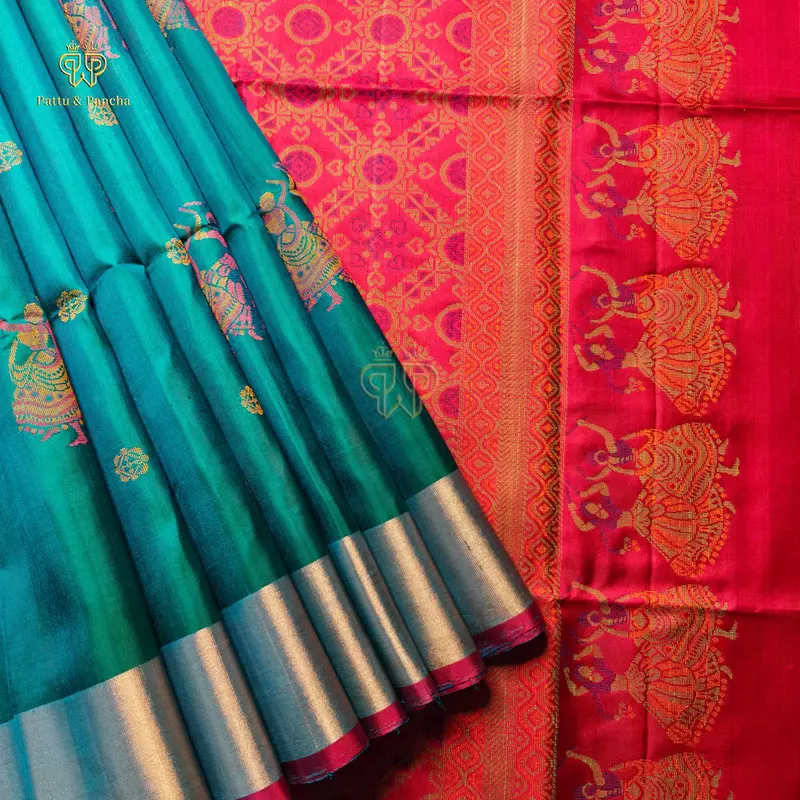 Pure Soft Silk Blue Dual Shade Saree with Gold Gatti Zari Border and Silk Thread Rani Pink Pallu