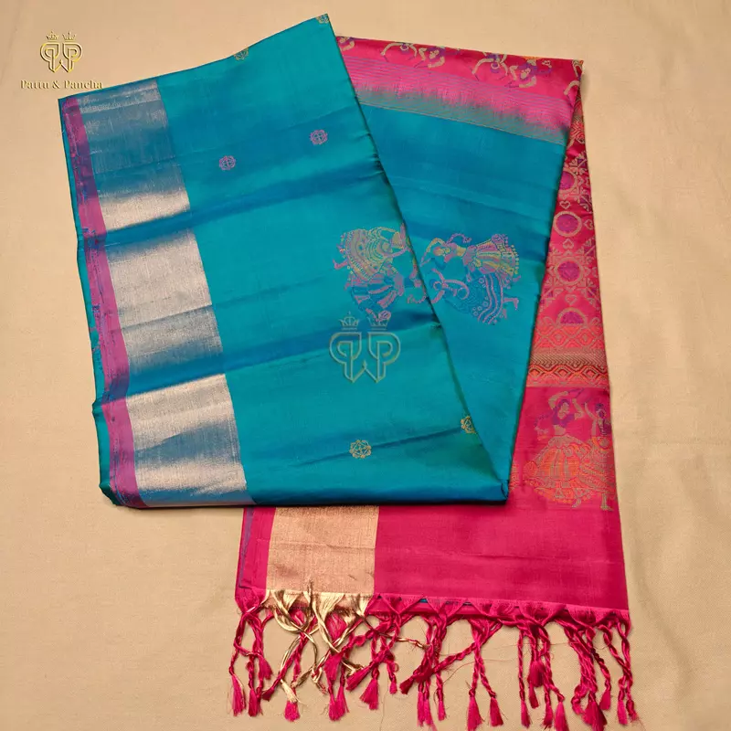 Pure Soft Silk Blue Dual Shade Saree with Gold Gatti Zari Border and Silk Thread Rani Pink Pallu