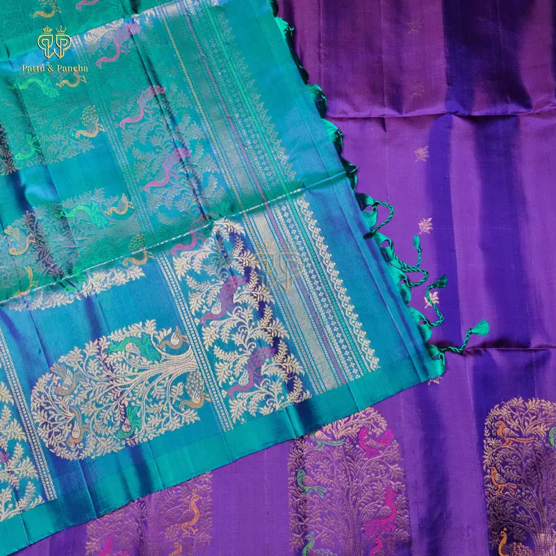 Pure Soft Silk Saree Royal Violet with Peacock Blue and Kalpavriksha Zari Border