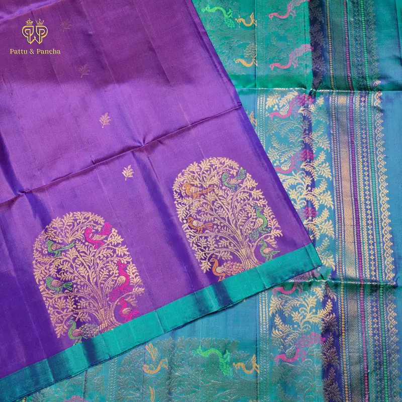 Pure Soft Silk Saree Royal Violet with Peacock Blue and Kalpavriksha Zari Border