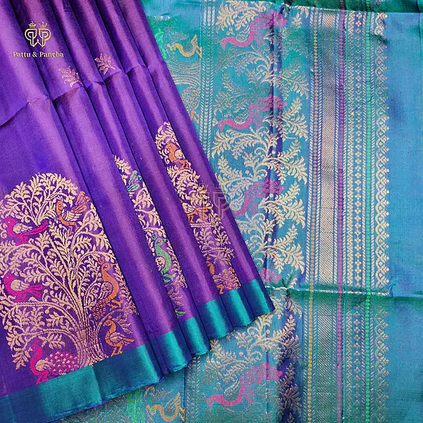 Pure Soft Silk Saree Royal Violet with Peacock Blue and Kalpavriksha Zari Border