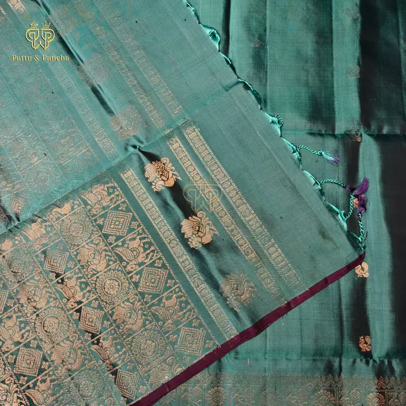 Pure Soft Silk Saree Teal Green with Gold Zari Motifs Border and Purple Piping