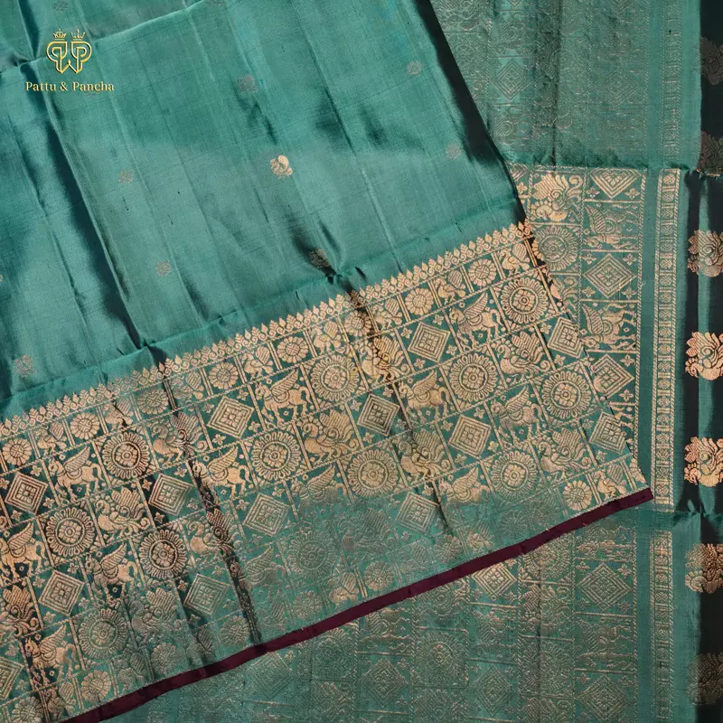 Pure Soft Silk Saree Teal Green with Gold Zari Motifs Border and Purple Piping