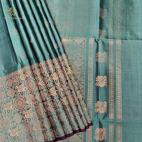 Pure Soft Silk Saree Teal Green with Gold Zari Motifs Border and Purple Piping