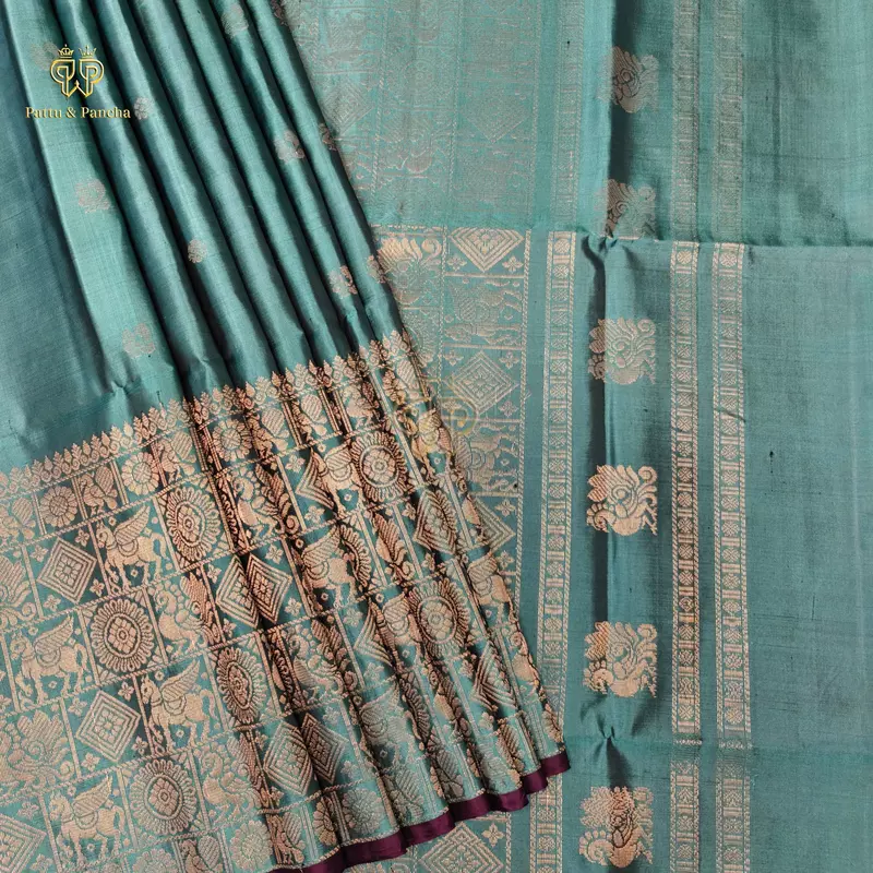 Pure Soft Silk Saree Teal Green with Gold Zari Motifs Border and Purple Piping
