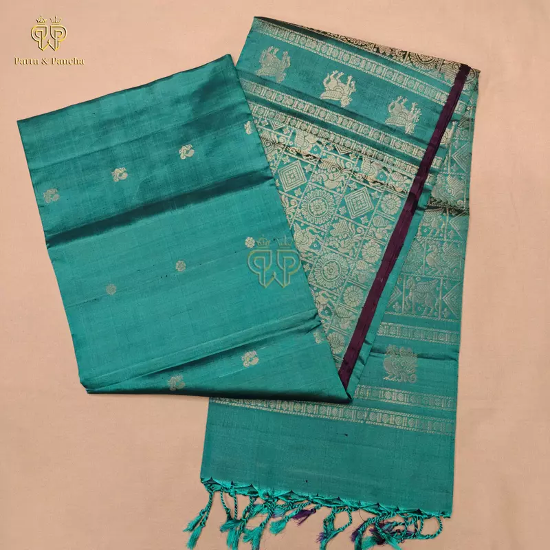 Pure Soft Silk Saree Teal Green with Gold Zari Motifs Border and Purple Piping
