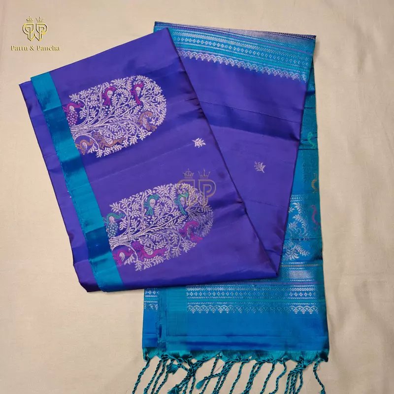 Pure Soft Silk Saree Royal Violet with Peacock Blue and Kalpavriksha Zari Border
