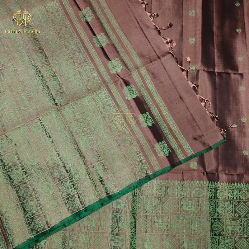 Pure Soft Silk Saree Antique Copper with Emerald Green Silk Thread Woven Motifs With No Zari