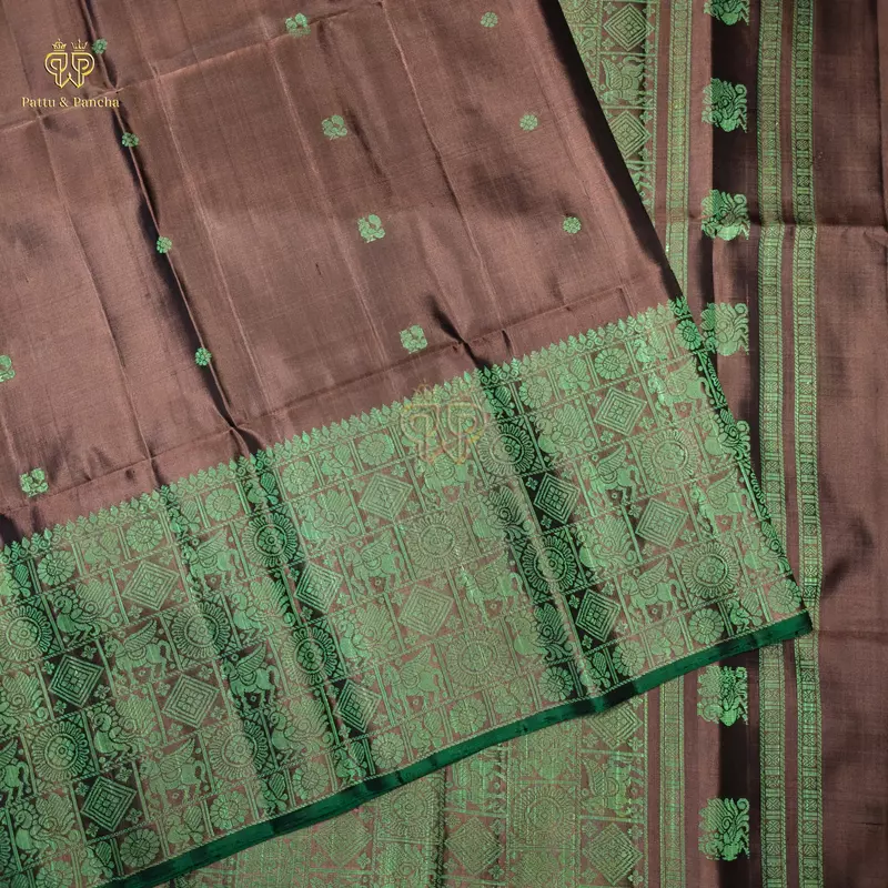 Pure Soft Silk Saree Antique Copper with Emerald Green Silk Thread Woven Motifs With No Zari