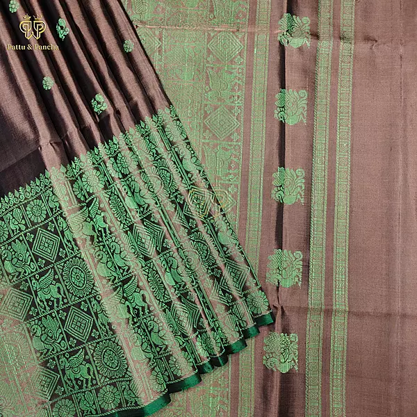 Pure Soft Silk Saree Antique Copper with Emerald Green Silk Thread Woven Motifs With No Zari