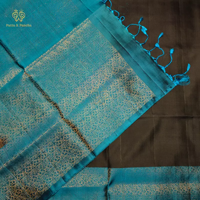 Pure Soft Silk Saree Bluish Black with Sulphate Blue and Gold Zari Floral Weaving