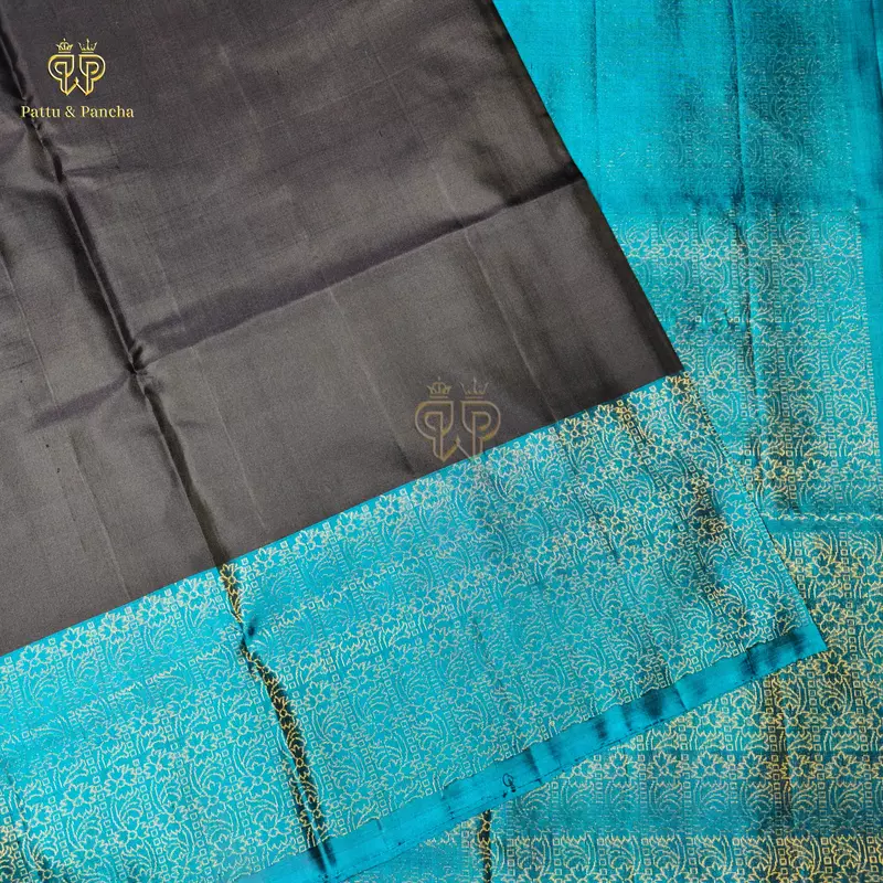 Pure Soft Silk Saree Bluish Black with Sulphate Blue and Gold Zari Floral Weaving