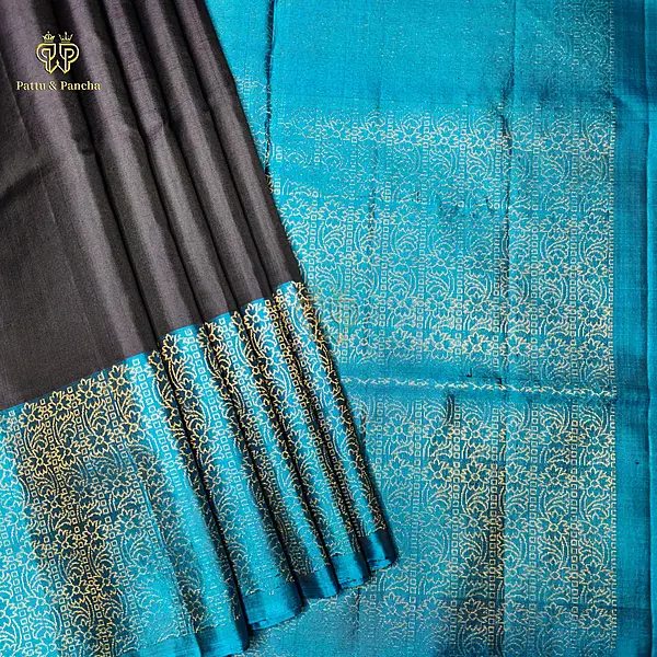 Pure Soft Silk Saree Bluish Black with Sulphate Blue and Gold Zari Floral Weaving