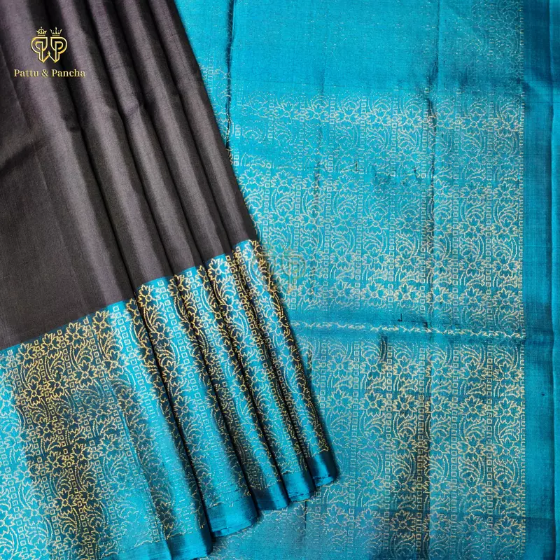 Pure Soft Silk Saree Bluish Black with Sulphate Blue and Gold Zari Floral Weaving