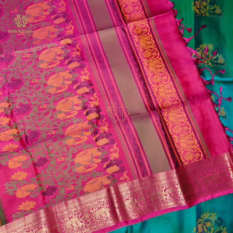 Pure Soft Silk Saree in Blue-Green Dual Shade with Magenta Elephant Border and Antique Gold Zari