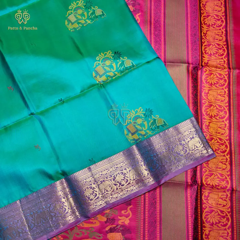 Pure Soft Silk Saree in Blue-Green Dual Shade with Magenta Elephant Border and Antique Gold Zari