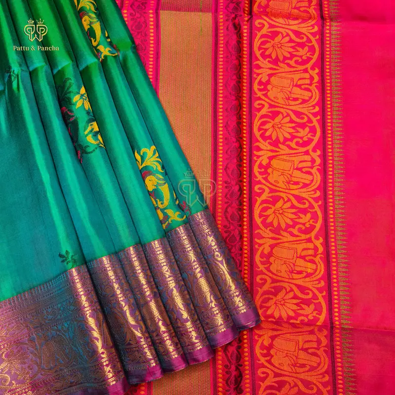 Pure Soft Silk Saree in Blue-Green Dual Shade with Magenta Elephant Border and Antique Gold Zari