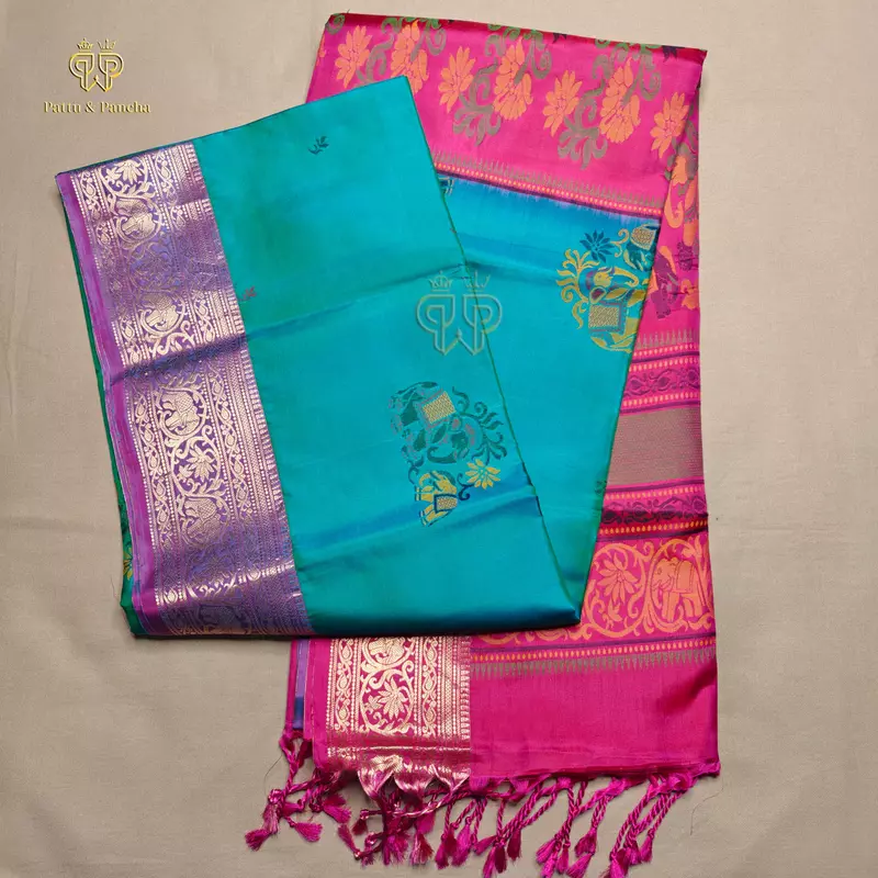 Pure Soft Silk Saree in Blue-Green Dual Shade with Magenta Elephant Border and Antique Gold Zari