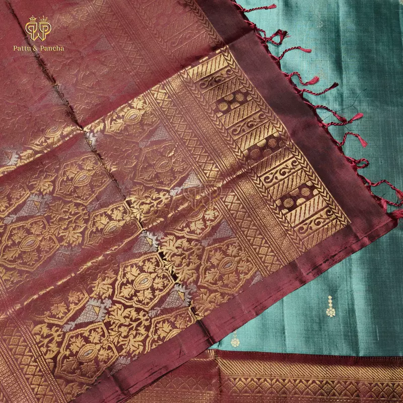 Pure Soft Silk Saree Mist Green with Maroon and Gold Zari Border