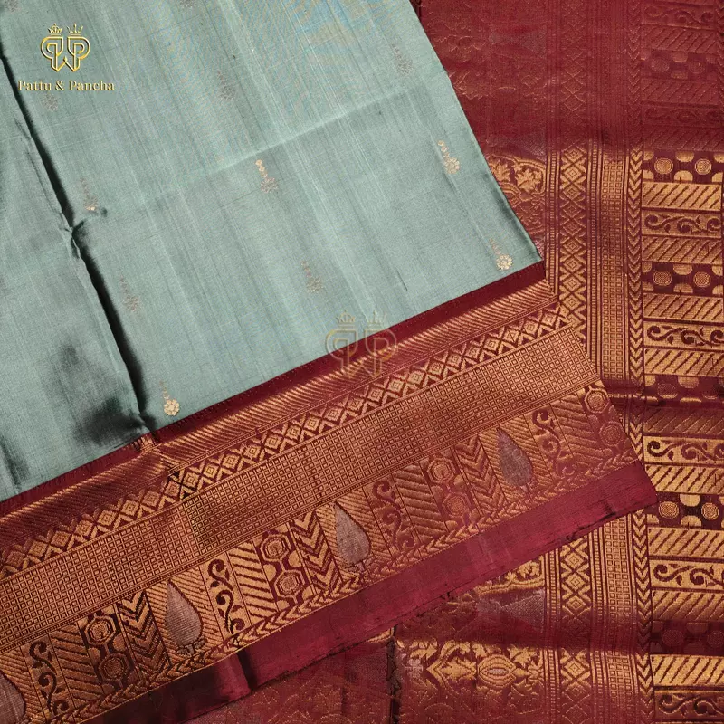 Pure Soft Silk Saree Mist Green with Maroon and Gold Zari Border