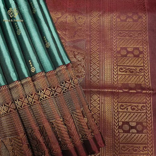 Pure Soft Silk Saree Mist Green with Maroon and Gold Zari Border