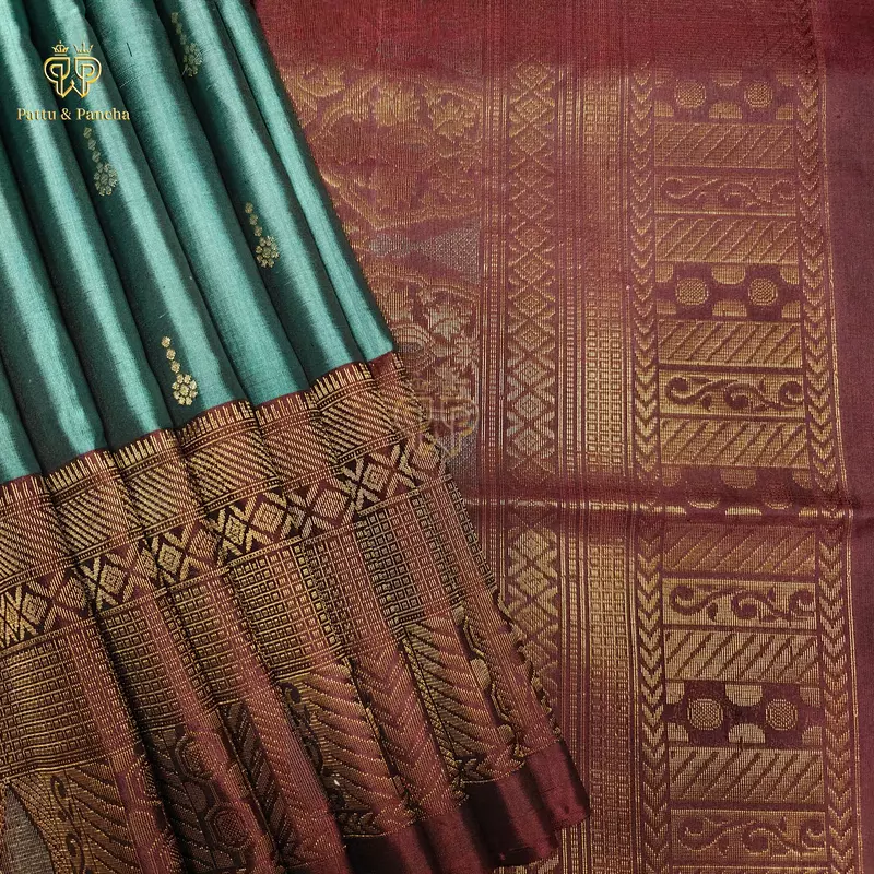 Pure Soft Silk Saree Mist Green with Maroon and Gold Zari Border
