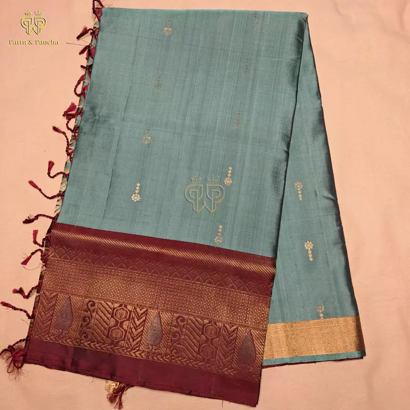 Pure Soft Silk Saree Mist Green with Maroon and Gold Zari Border