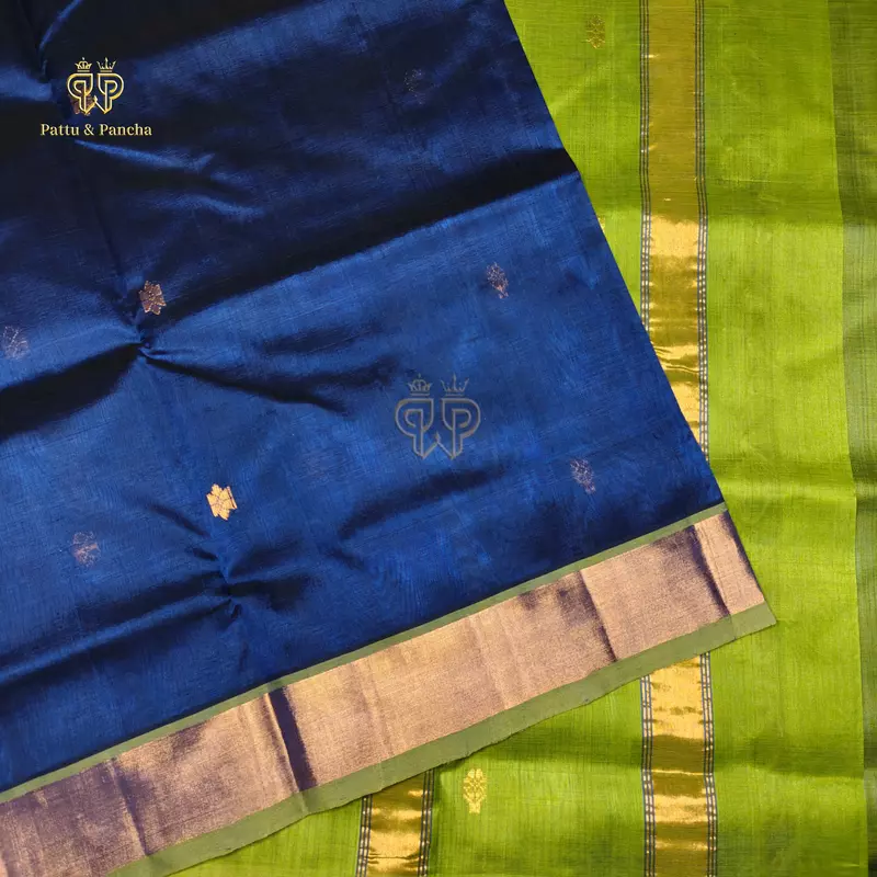 Pure Silk Cotton Saree in Royal Blue and Parrot Green with Traditional Gold Zari Border