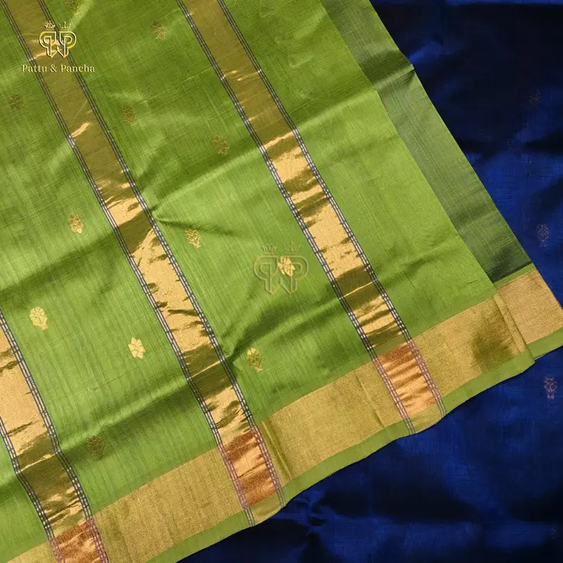 Pure Silk Cotton Saree in Royal Blue and Parrot Green with Traditional Gold Zari Border