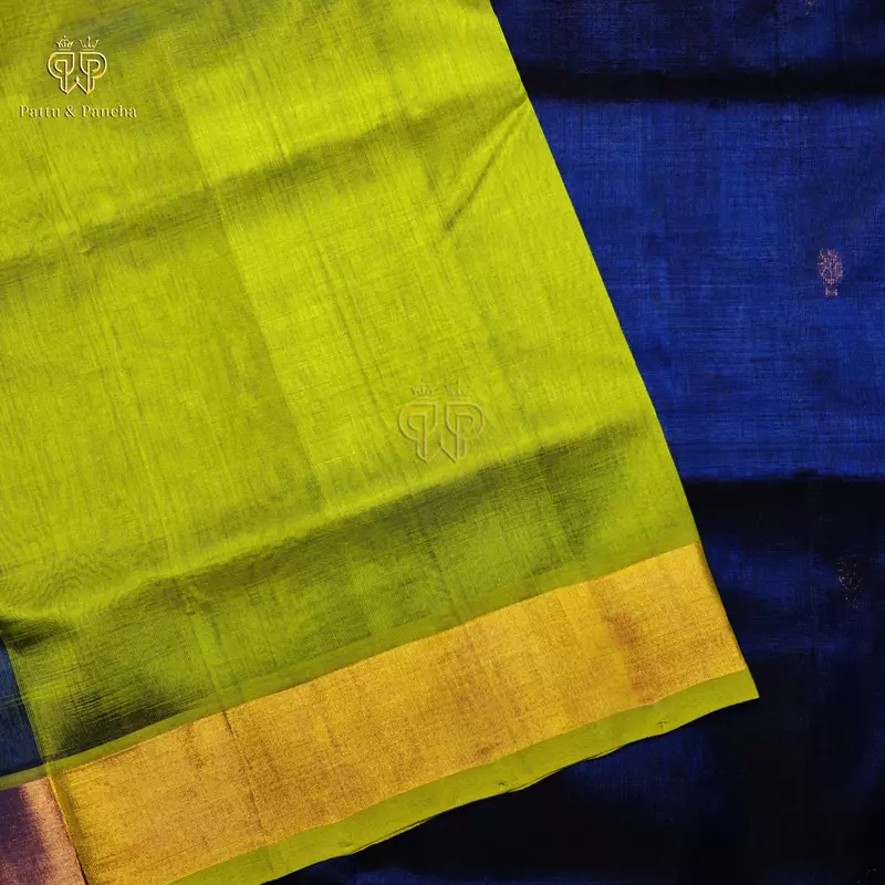 Pure Silk Cotton Saree in Royal Blue and Parrot Green with Traditional Gold Zari Border