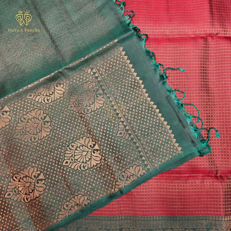 Half Pure Silk Maroon Saree with Small Checks and Bottle Green Zari Border