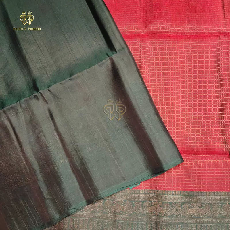 Half Pure Silk Maroon Saree with Small Checks and Bottle Green Zari Border