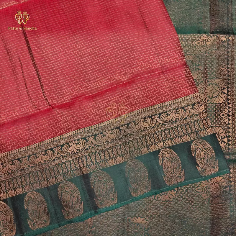 Half Pure Silk Maroon Saree with Small Checks and Bottle Green Zari Border