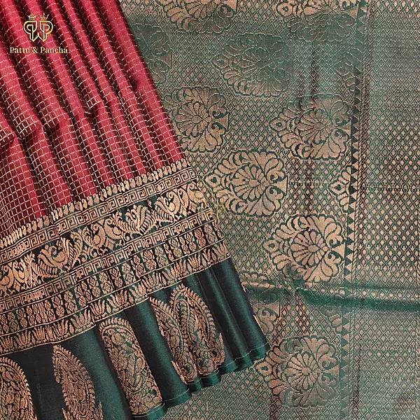 Half Pure Silk Maroon Saree with Small Checks and Bottle Green Zari Border