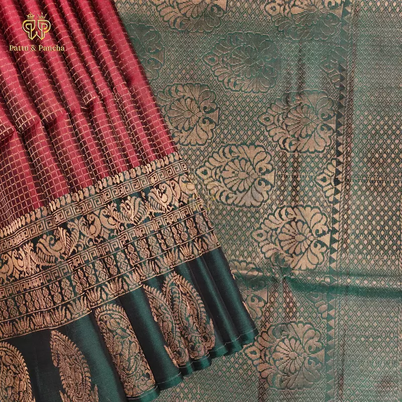 Half Pure Silk Maroon Saree with Small Checks and Bottle Green Zari Border