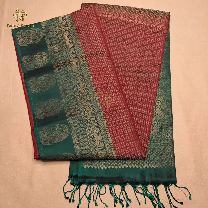 Half Pure Silk Maroon Saree with Small Checks and Bottle Green Zari Border
