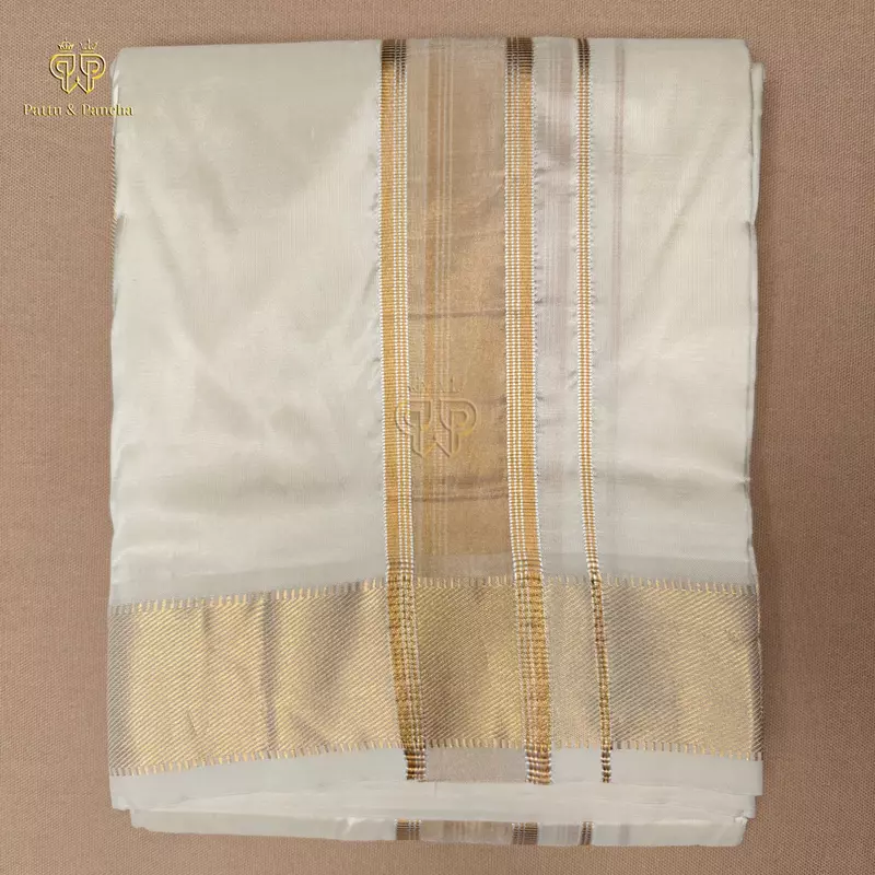Pure Silk Blend Off White Panchakacham Dhoti with Traditional Gold Zari Border