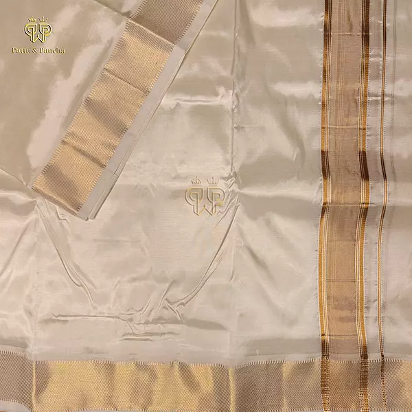 Pure Silk Blend Off White Panchakacham Dhoti with Traditional Gold Zari Border