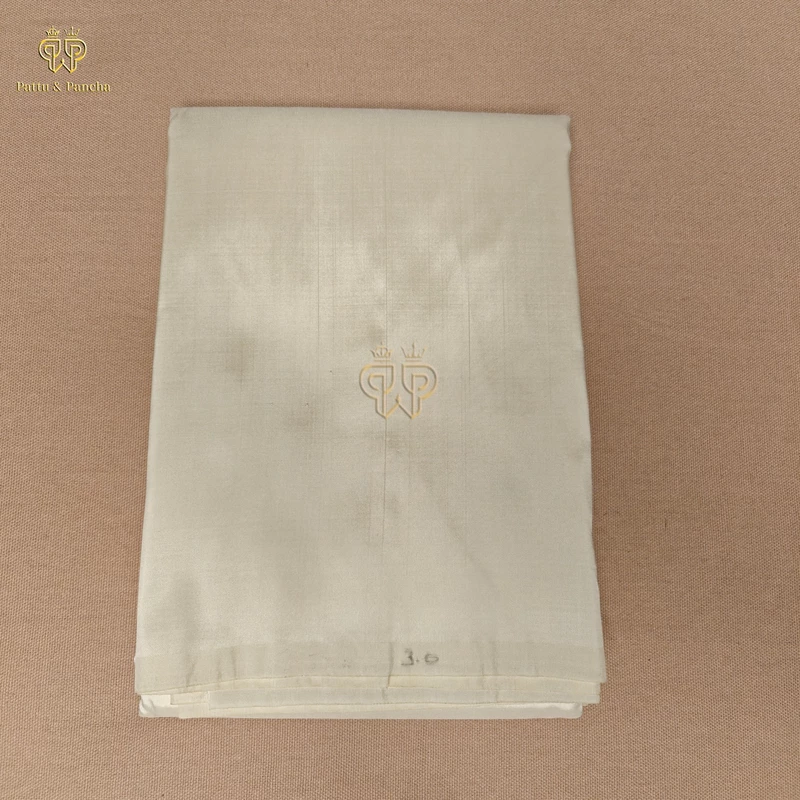 Pure Silk Blend Off White Panchakacham Dhoti with Elephant and Peacock Zari Border