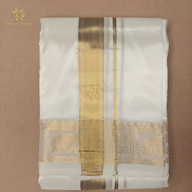 Pure Silk Blend Off White Panchakacham Dhoti with Elephant and Peacock Zari Border