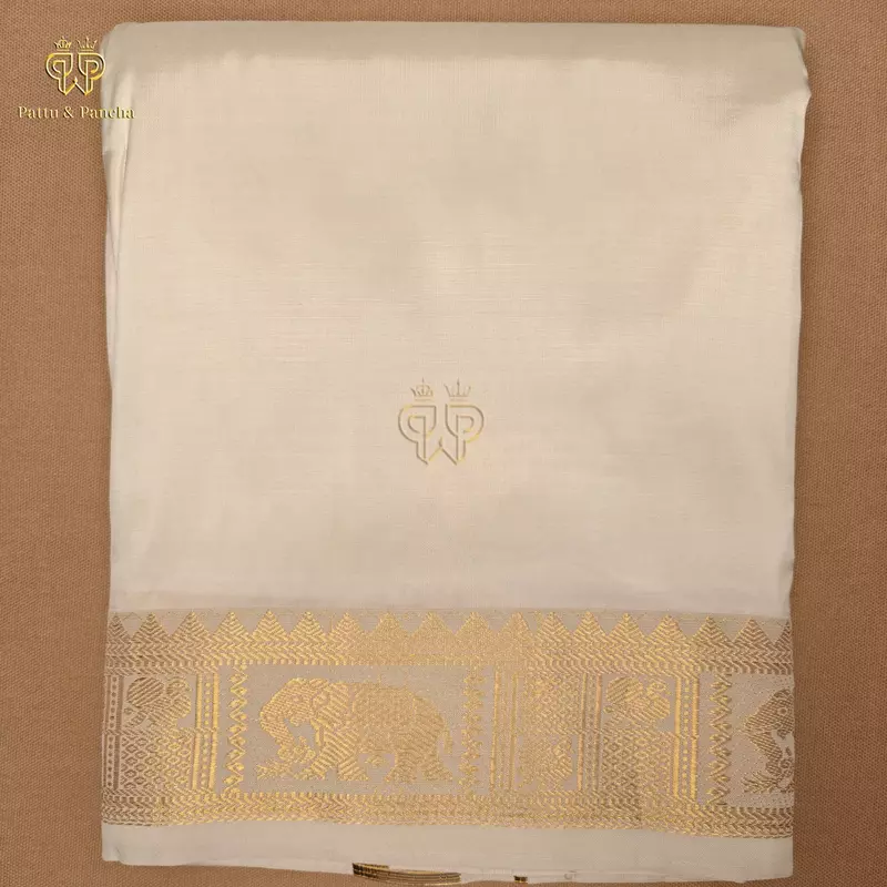 Pure Silk Blend Off White Panchakacham Dhoti with Elephant and Peacock Zari Border