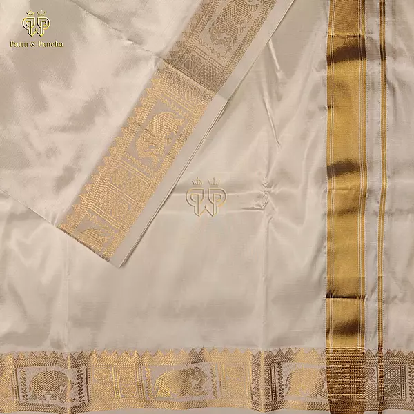 Pure Silk Blend Off White Panchakacham Dhoti with Elephant and Peacock Zari Border