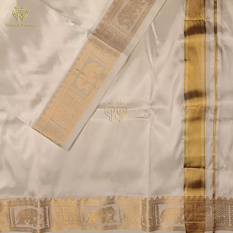 Pure Silk Blend Off White Panchakacham Dhoti with Elephant and Peacock Zari Border